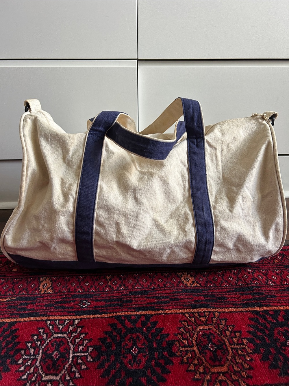 Vintage Canvas Duffle Bag with Navy Straps and Bottom